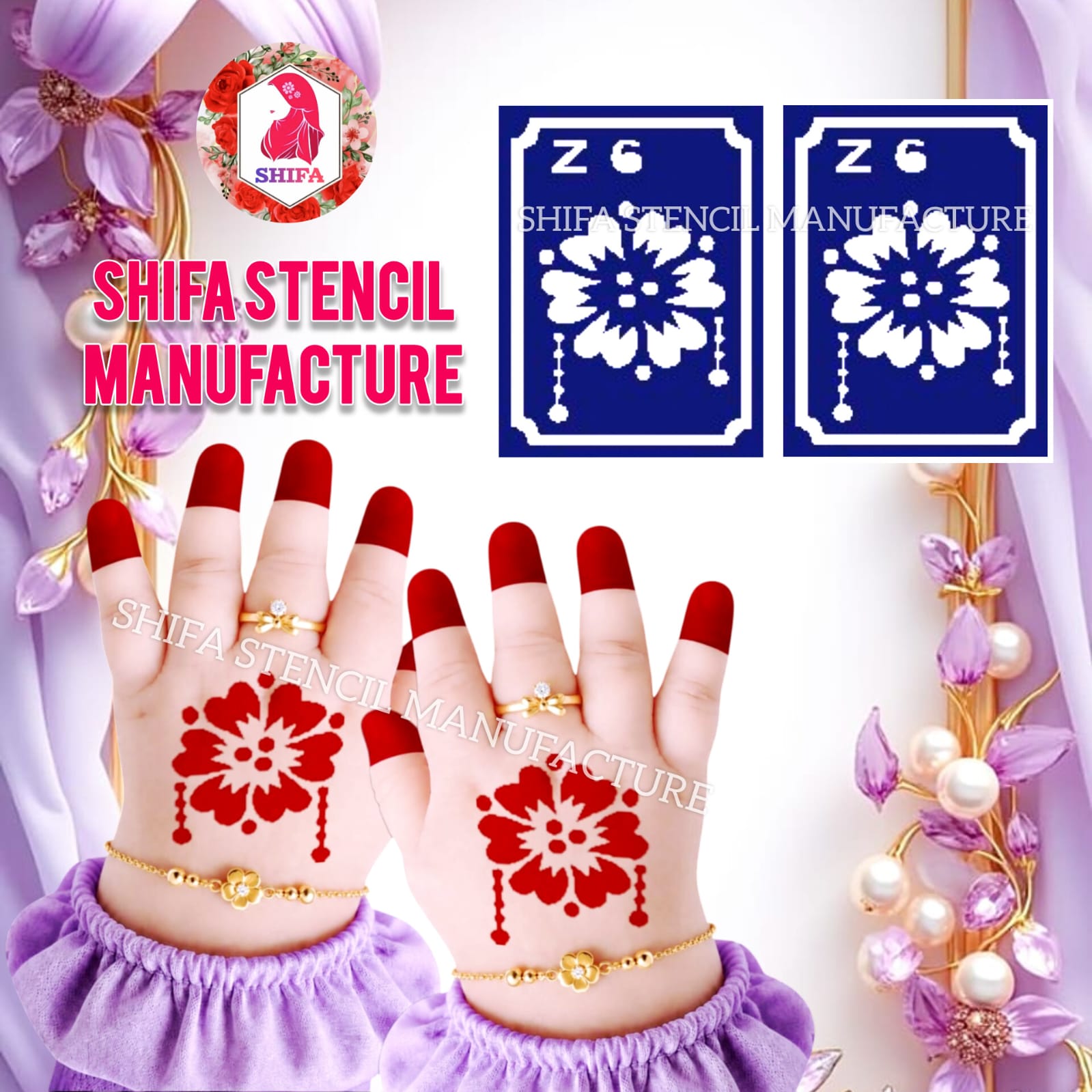 Z 6 Hanging Floral Jhumka Sticker overview Henna Stencil - Shifa Stencil